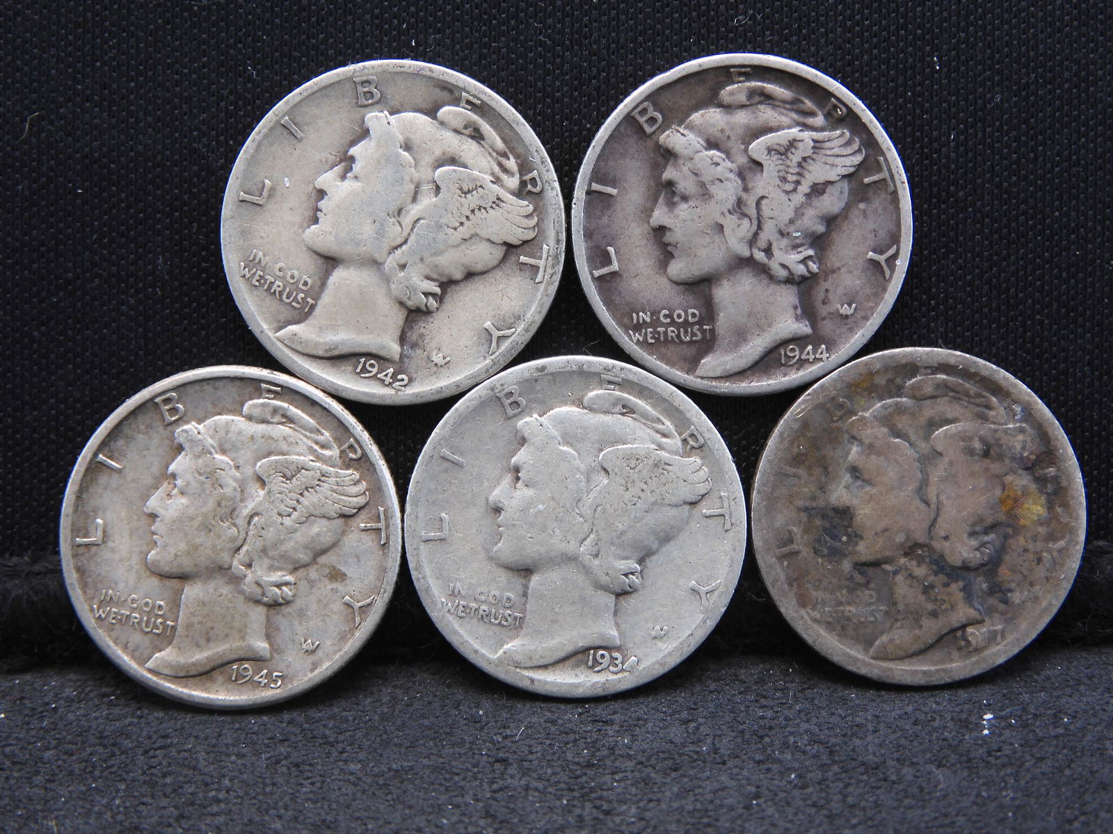 Five Silver Mercury Dimes 1917, 1934, 1942-S, 1944, (1 of 2)