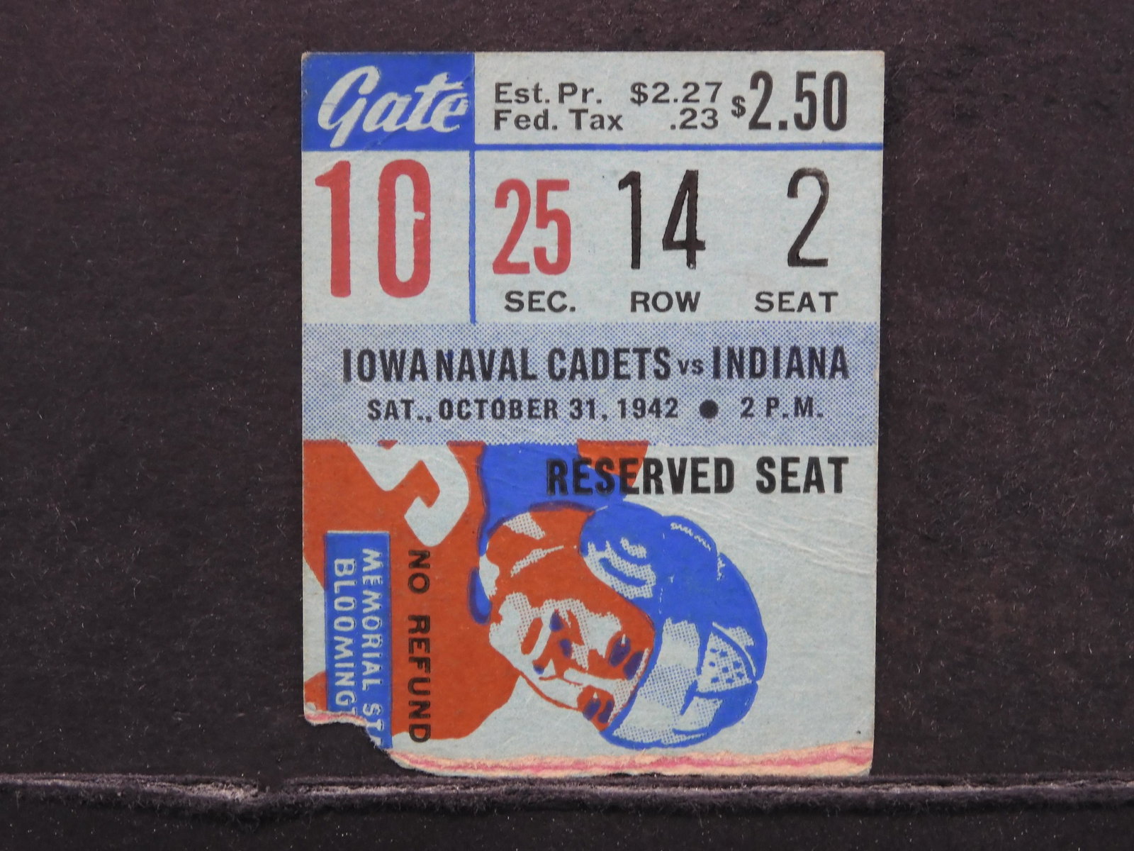 1942 Indiana Vs. Iowa Cadets Football Ticket Stub.: 1942 Indiana Vs. Iowa Cadets Football Ticket Stub.