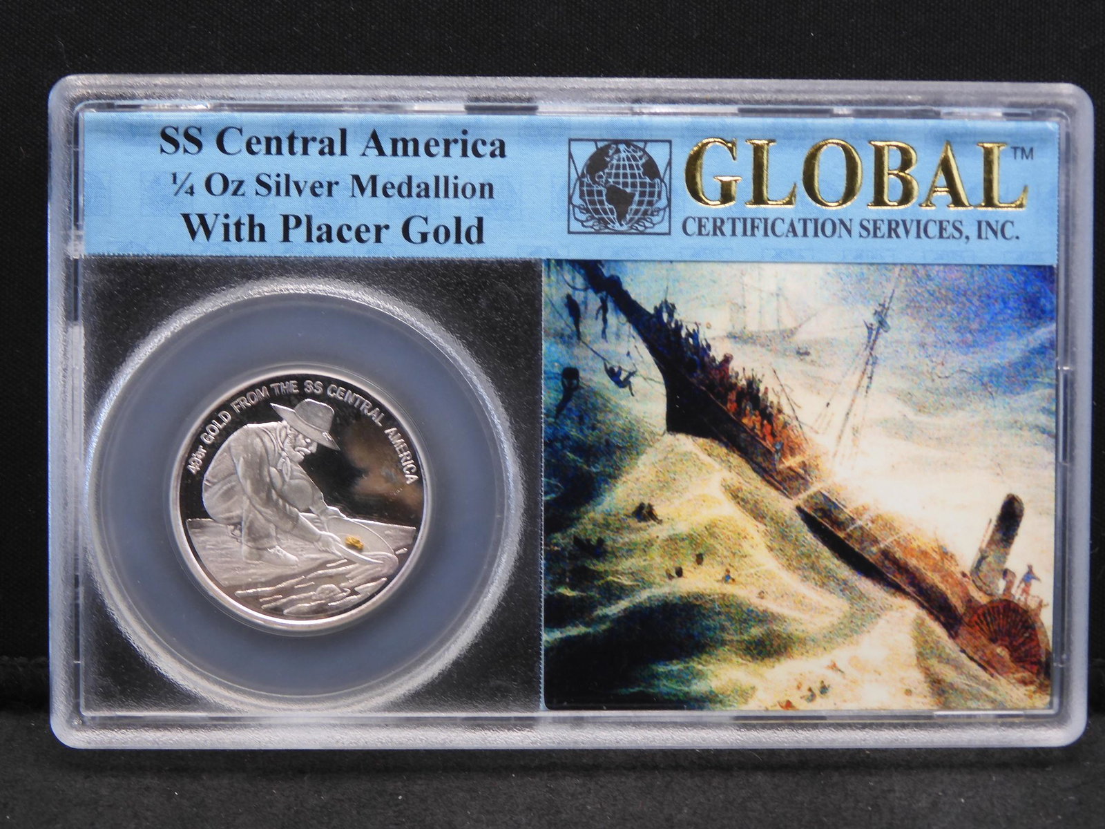 One Tenth OZ Silver Medallion With Placer Gold From the: One Tenth OZ Silver Medallion With Placer Gold From the Ship SS Central America