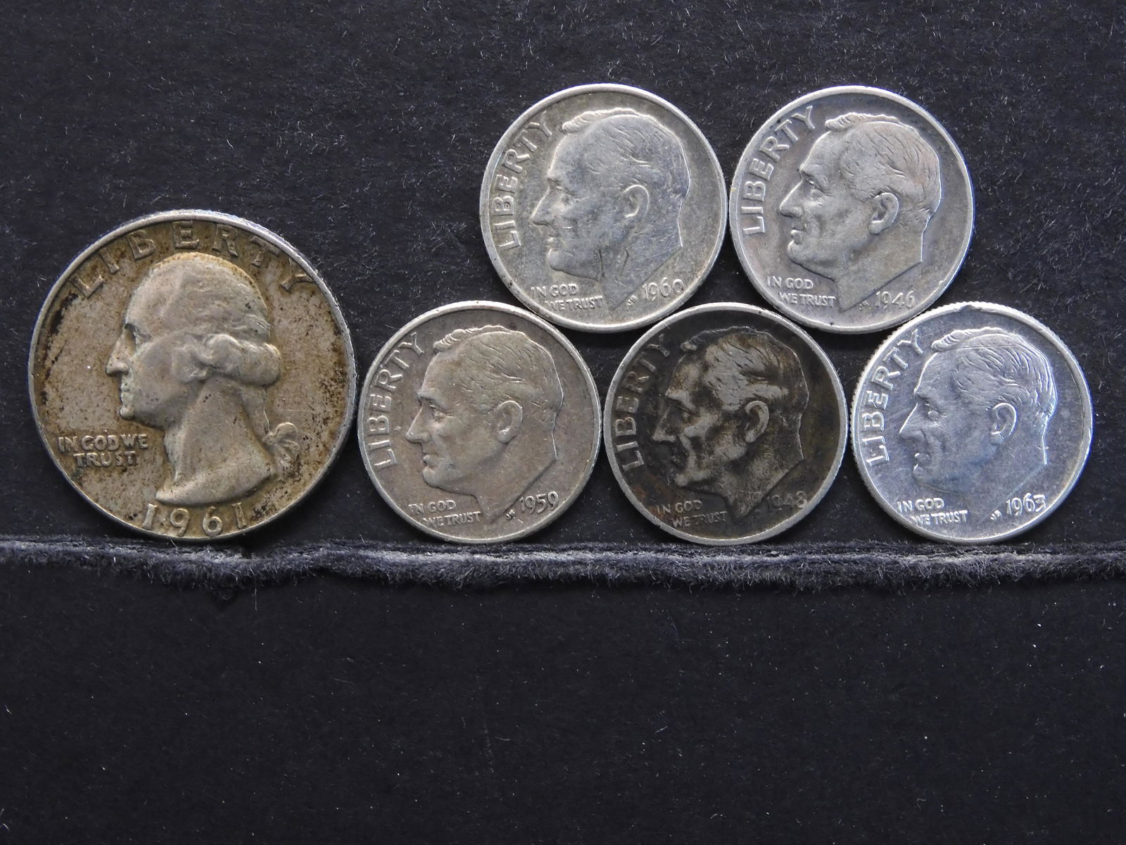 Five Silver Roosevelt Dimes and One 1961-D Silver (1 of 2)