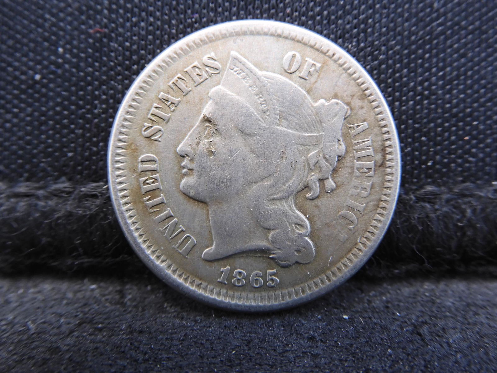 1865 Three 3 Cent Nickel - Civil War Date - Fine/VF (1 of 2)