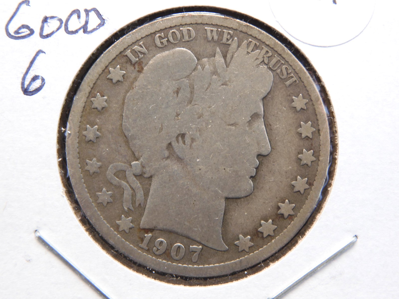 1907-D Barber Half.  Nice original Good 6 with full rim (1 of 3)