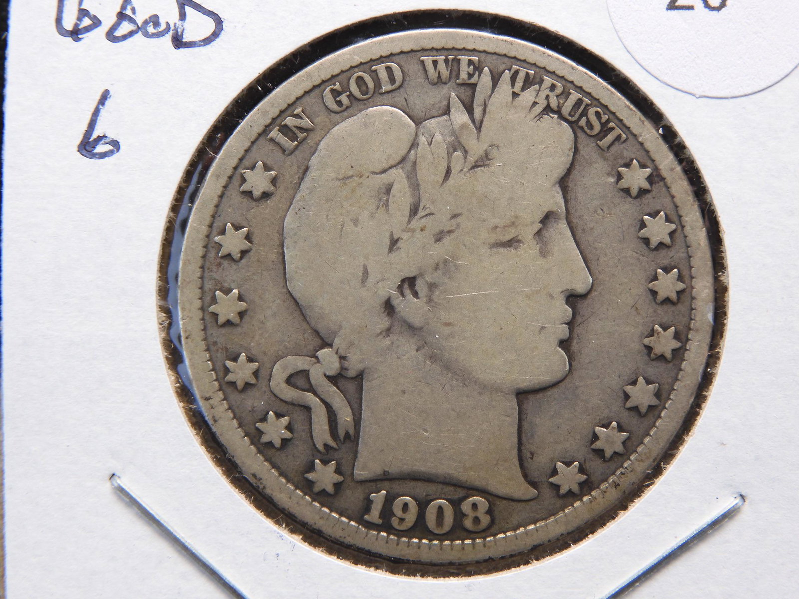 1908-D Barber Half.  Nice original Good 6 with full rim (1 of 4)
