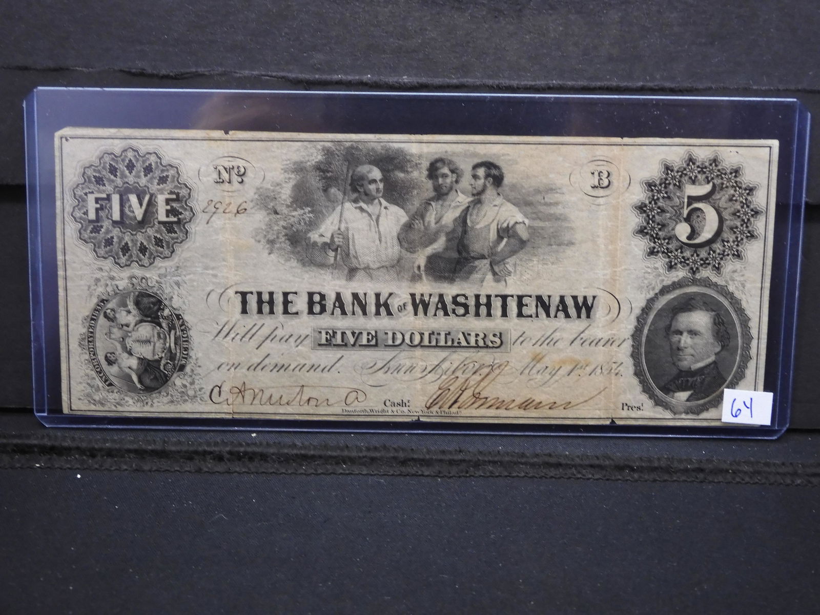 1854 The Bank of Washtenaw (Ann Arbor, MI) $5 Obsolete (1 of 4)