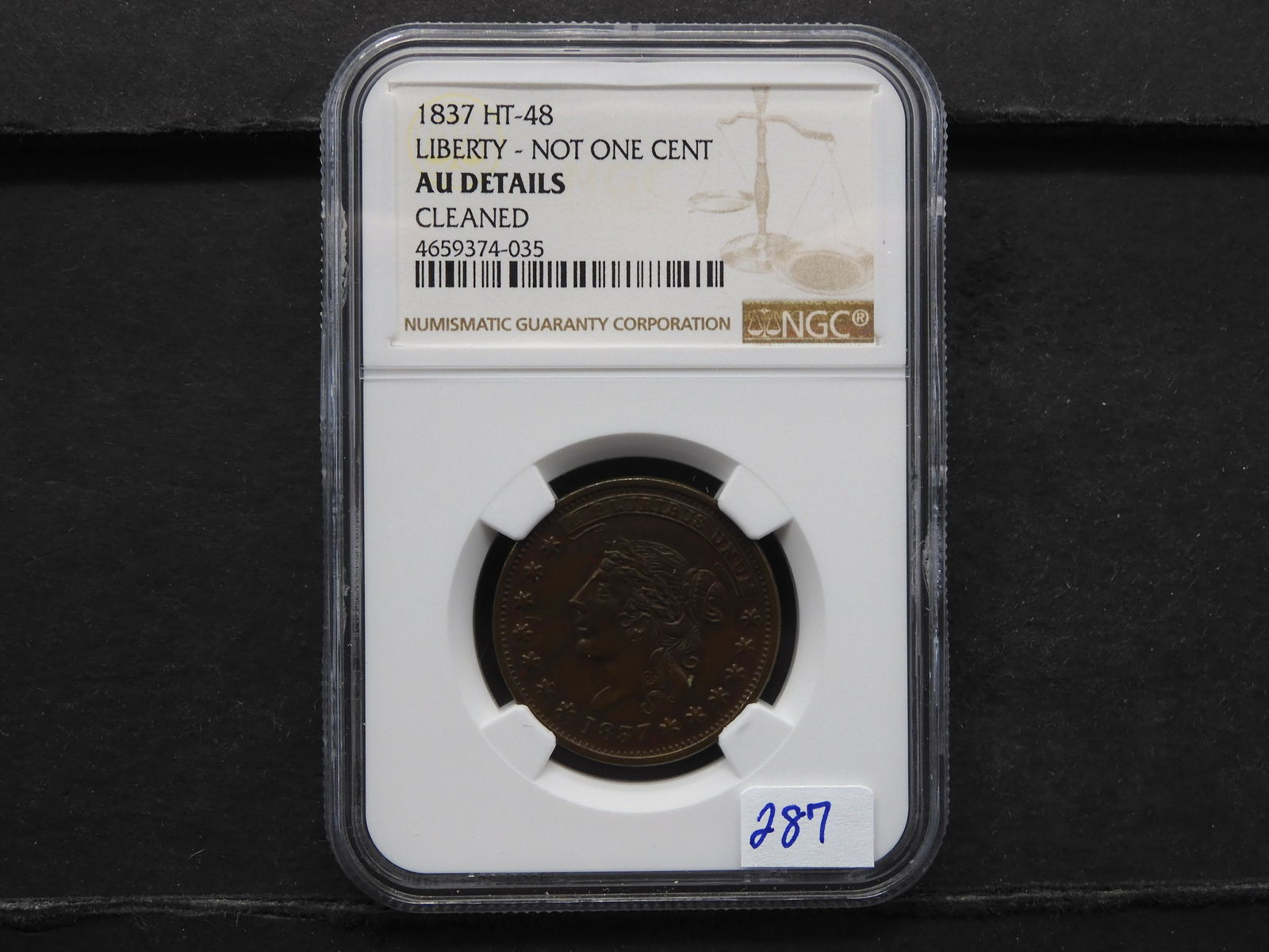 NGC Graded AU Details - 1837 Liberty/Not One Cent Hard (1 of 4)