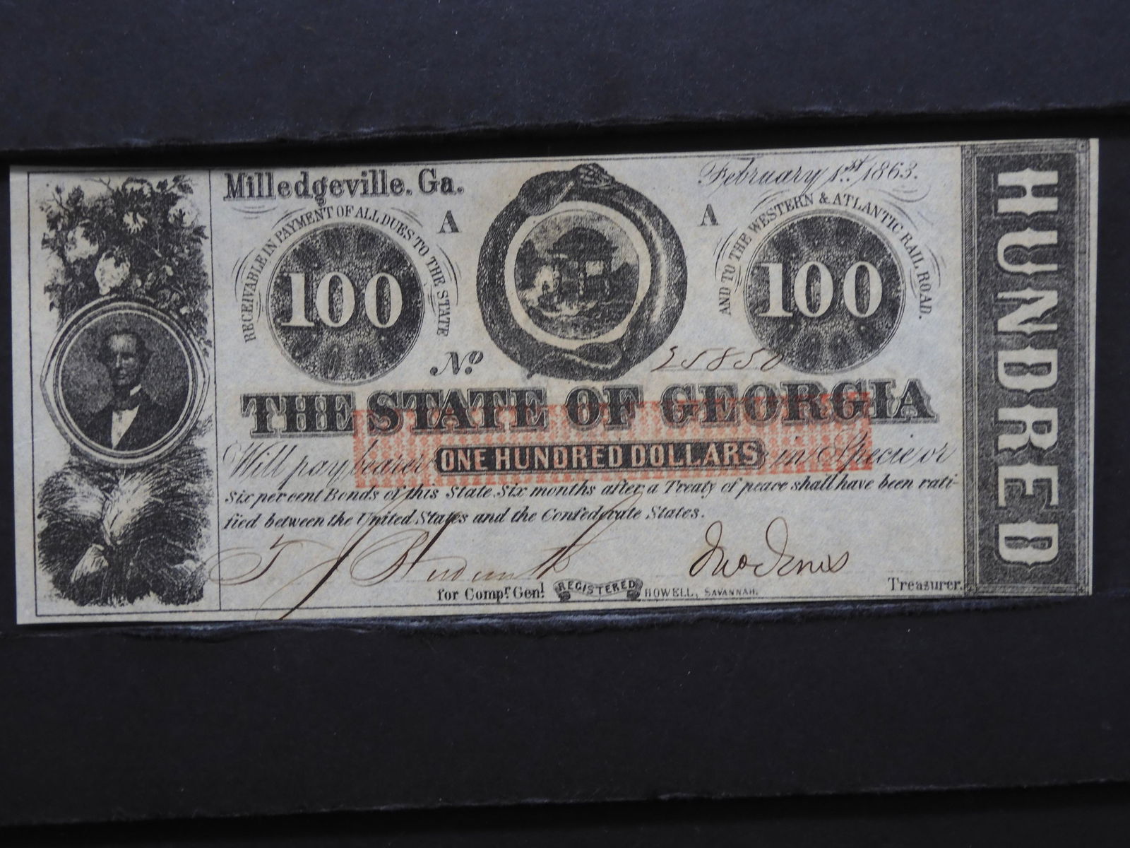 1863 The State of Georgia (Milledgeville, GA) $100 (1 of 3)