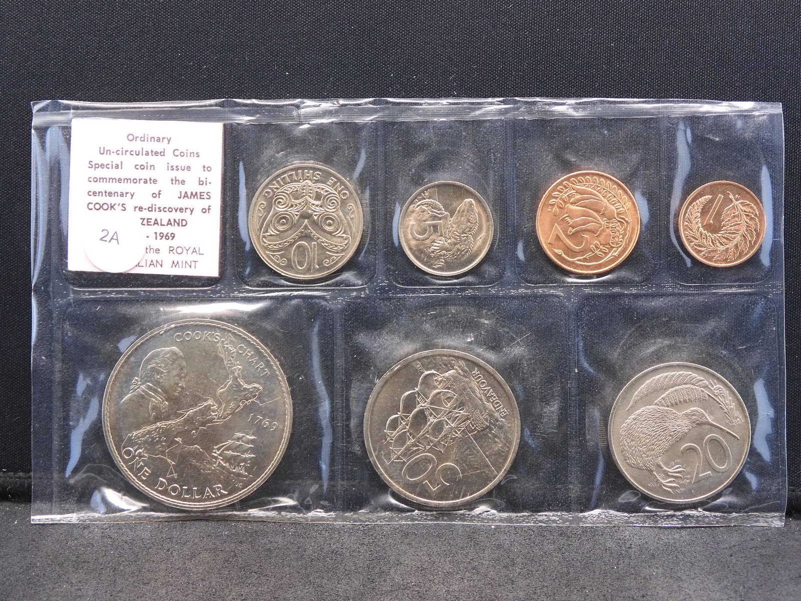 1969 New Zealand Captain Cook 7-coin Bi-Centenary set.: 1969 New Zealand Captain Cook 7-coin Bi-Centenary set. Issued by the Royal Australian Mint and in their package. BU.