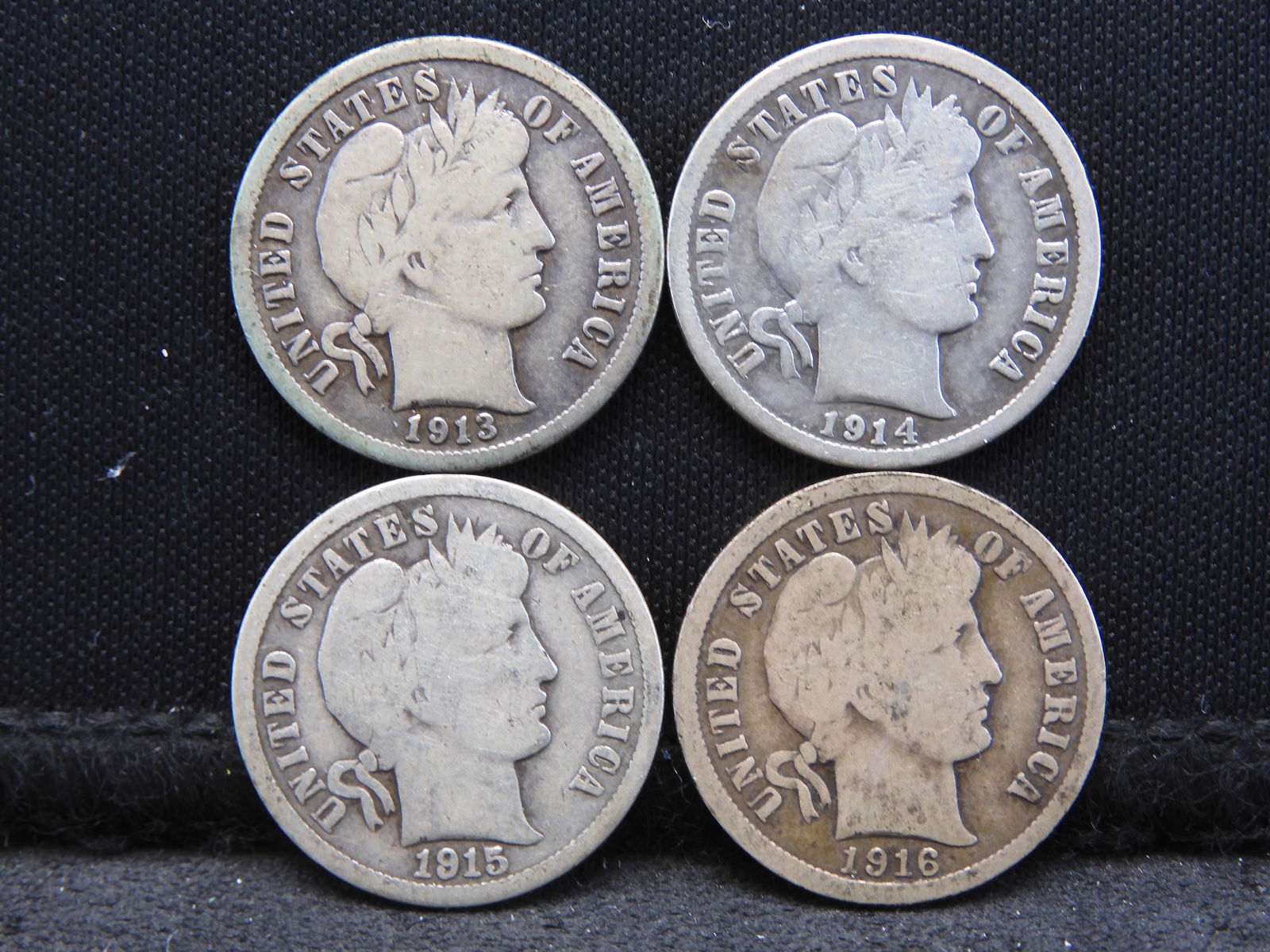 1913, 1914, 1915, 1916 Barber Dimes. (1 of 2)
