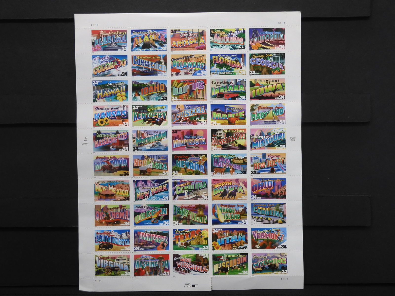 2001 USPS 44 Cent 50 States Stamp Sheet - $17.00 Face (1 of 7)