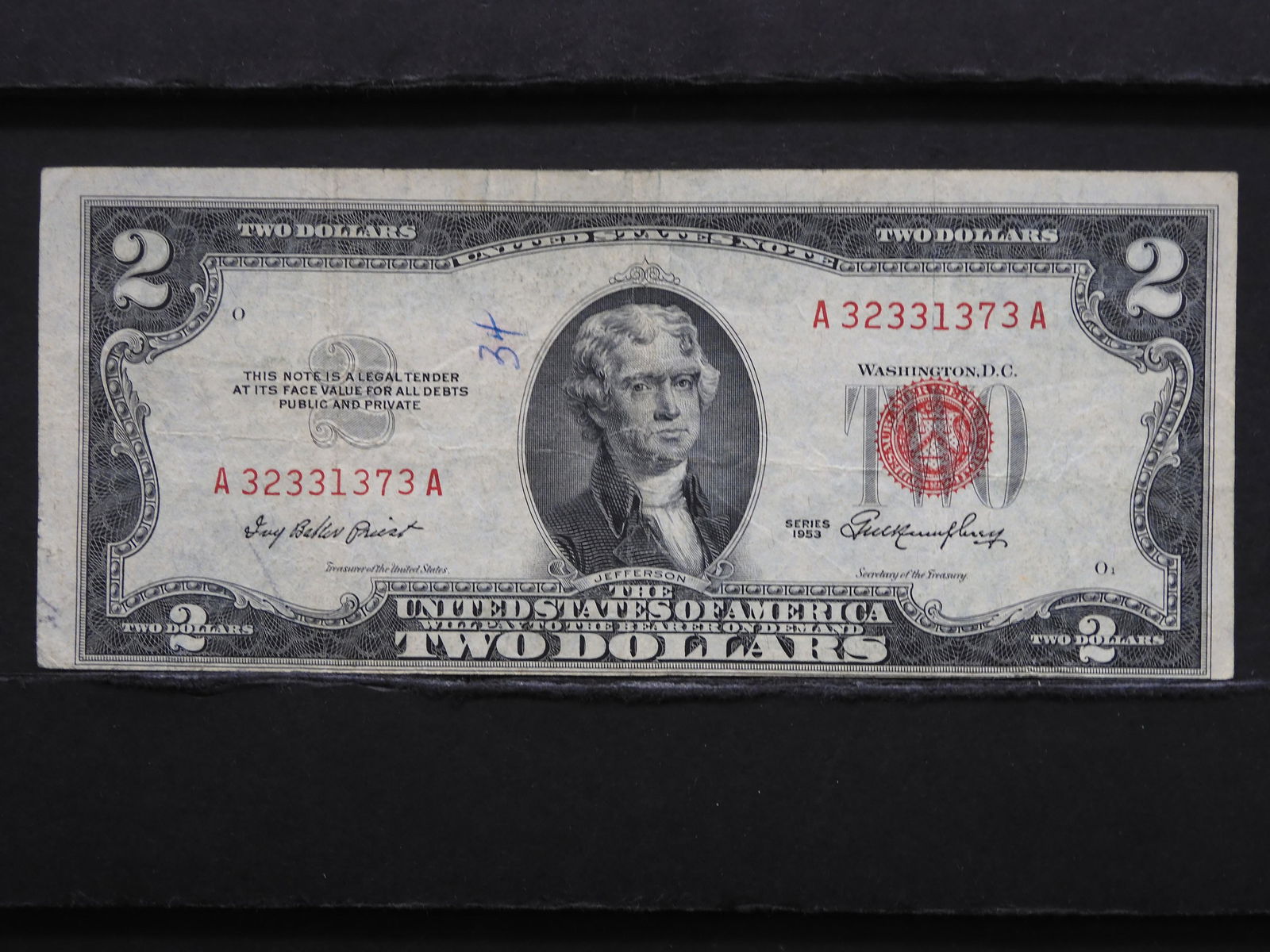 1953 (ERROR/DIE SHIFT) $2 "RED SEAL", GREAT CONDITION! (1 of 3)