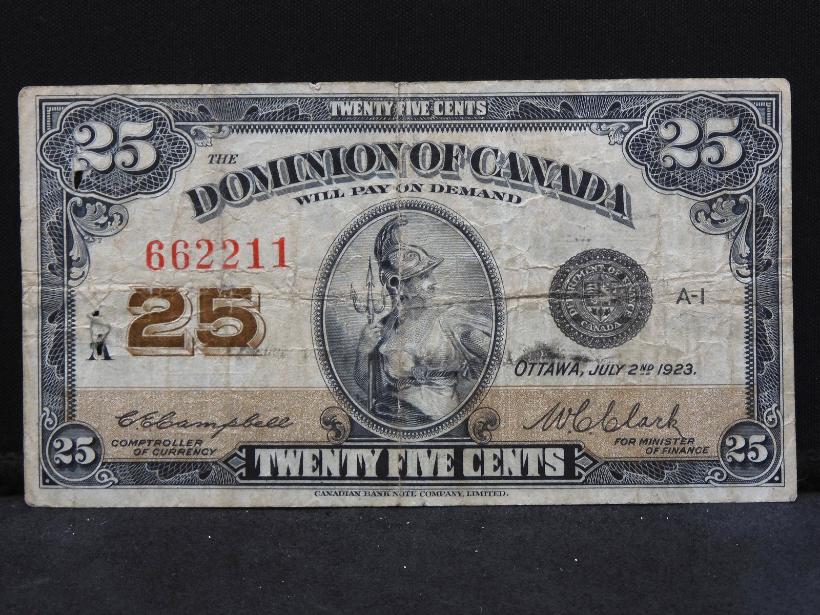 1923 Canada Fractional Currency—25 Cents. Very Fine.: 1923 Canada Fractional Currency—25 Cents. Very Fine.
