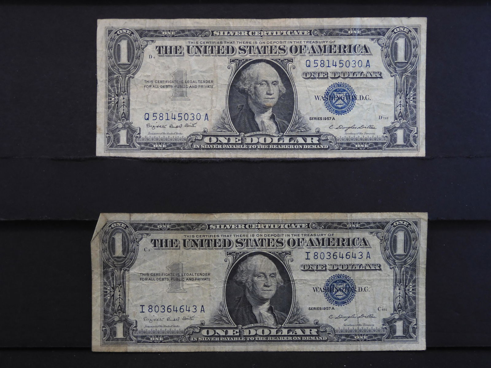 2- 1957-A One Dollar Silver Certificates (1 of 3)