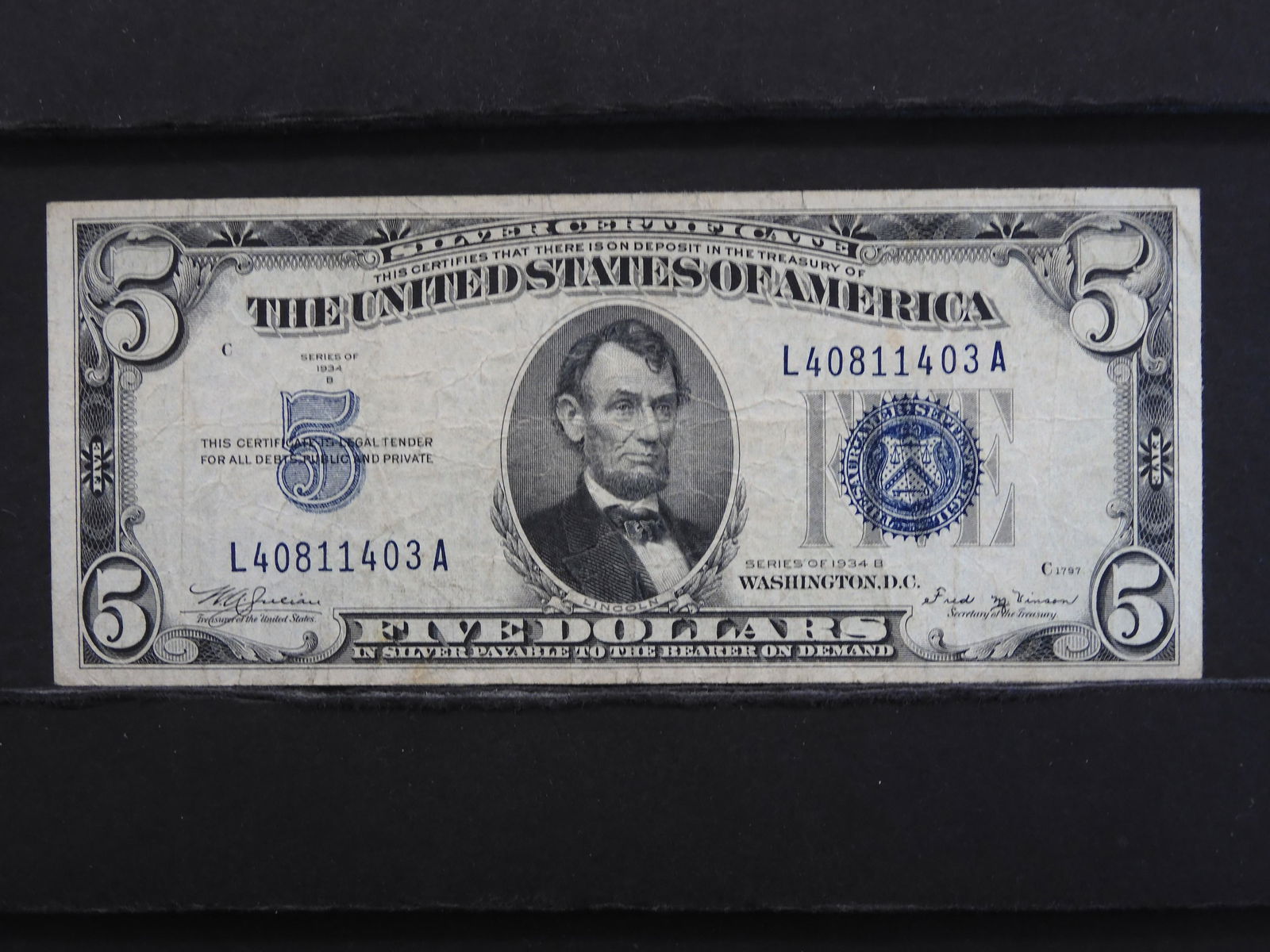1934 Series B $5.00 Lincoln Silver Certificate, (1 of 3)
