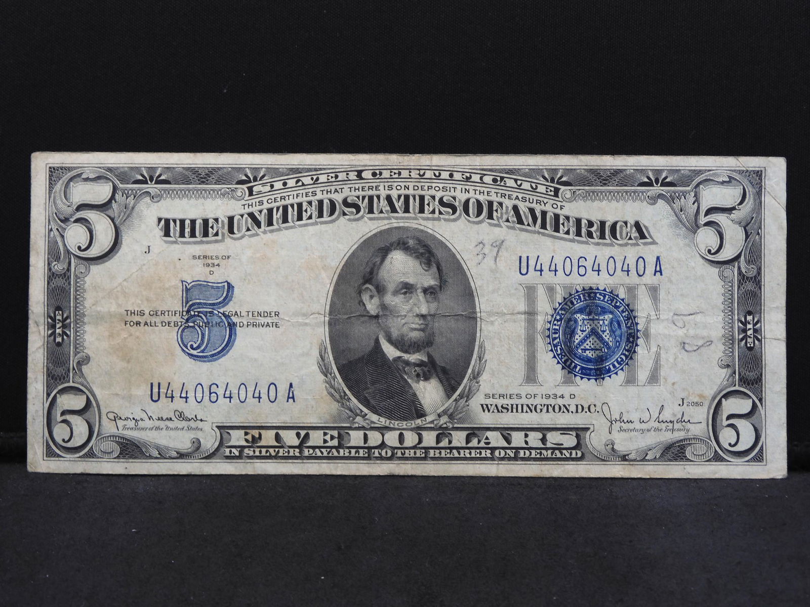 Series 1934-D U.S. $5.00 Silver Certificate Note (1 of 3)