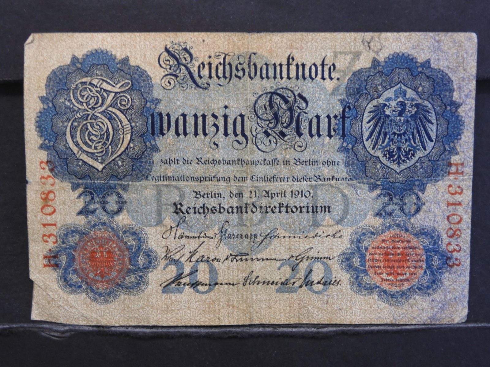 1910 GERMAN EMPIRE/20 MARK NOTE, RARE, 111 YRS OLD! (1 of 3)