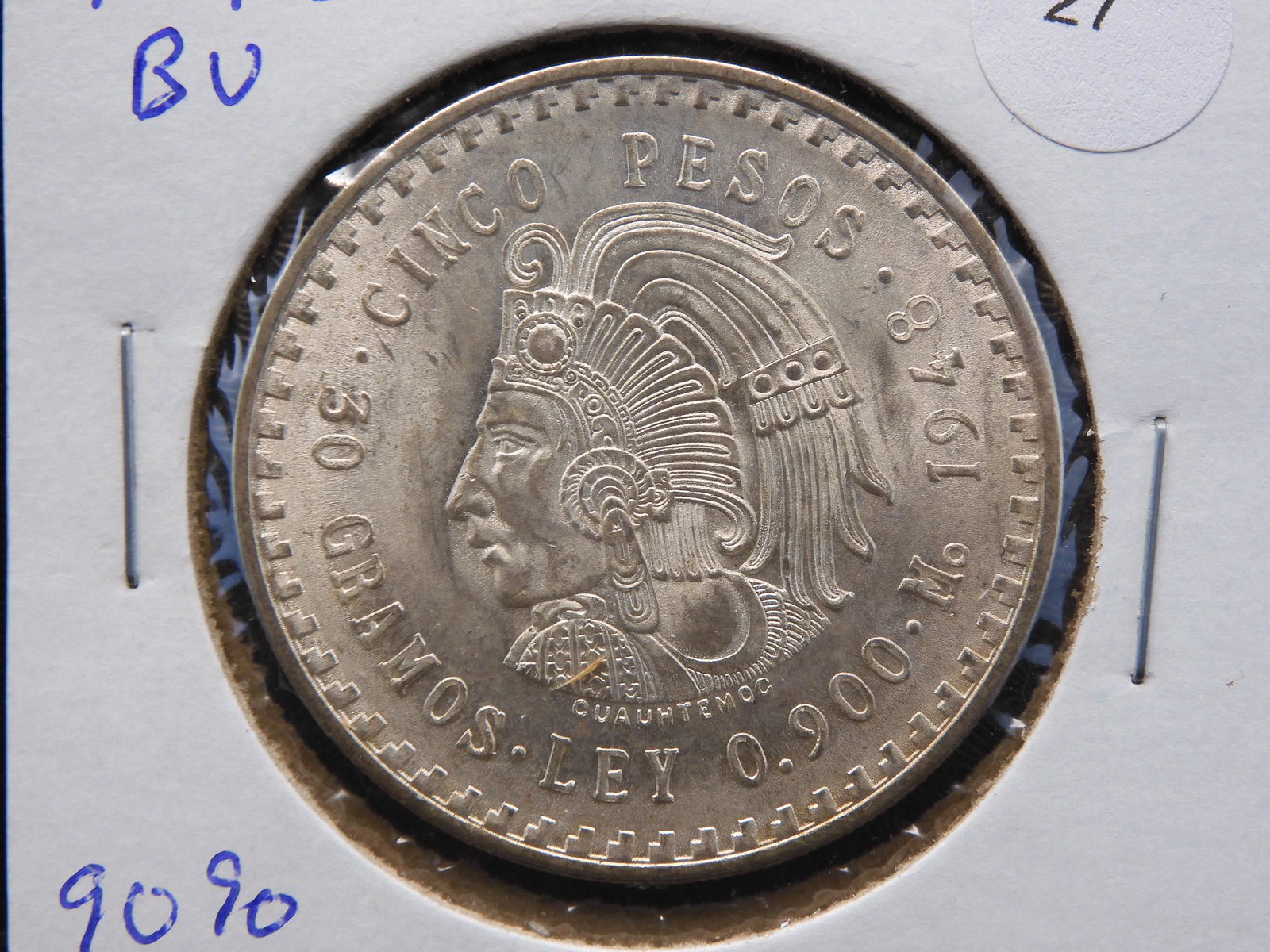 1948-Mo Mexico Aztec Warrior 5 Peso. Crafted from 90% (1 of 3)