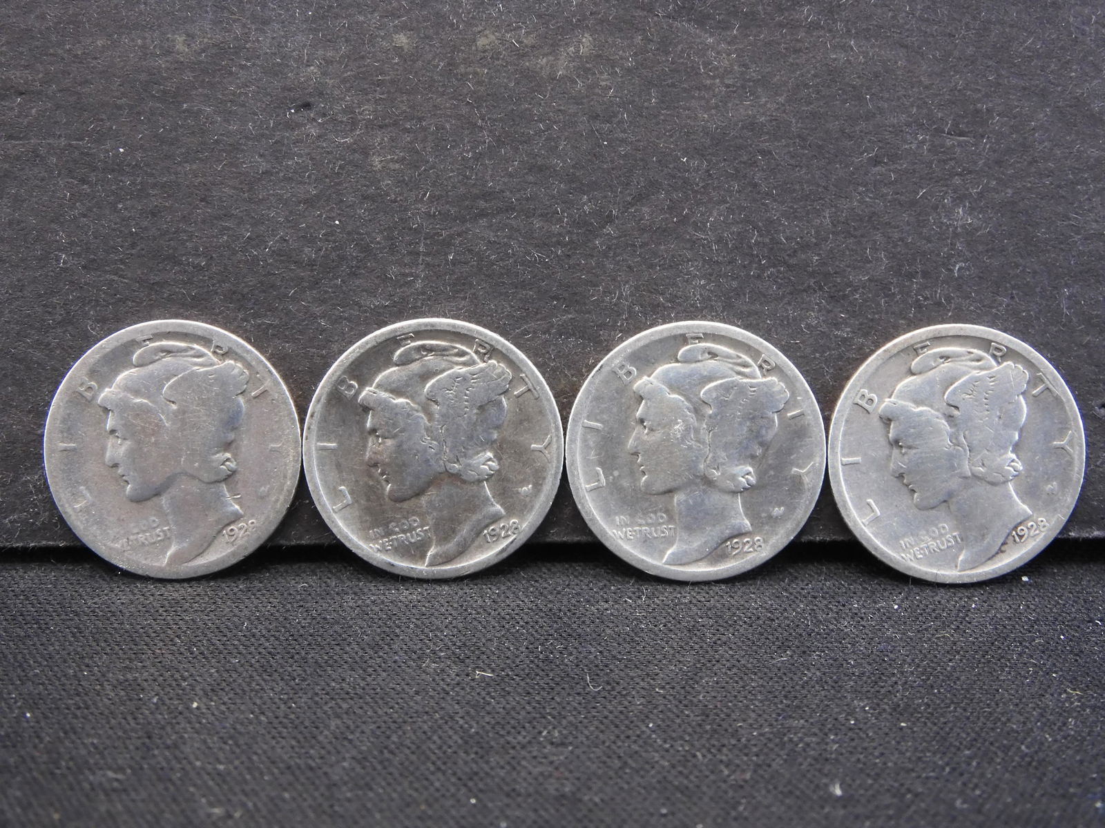 (4) 1928 SILVER/90% MERCURY DIMES, ROARING 20'S (1 of 2)