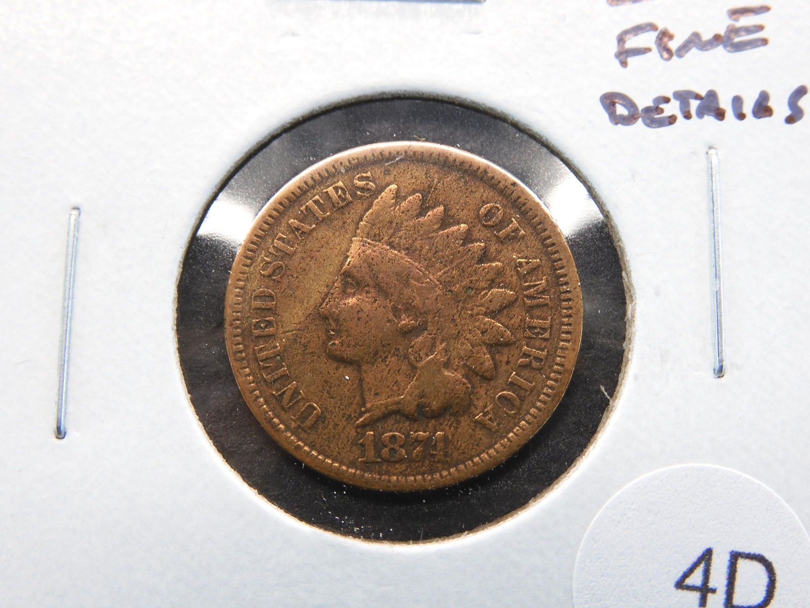 1874 Indian 1c.  Fine Details. (1 of 3)