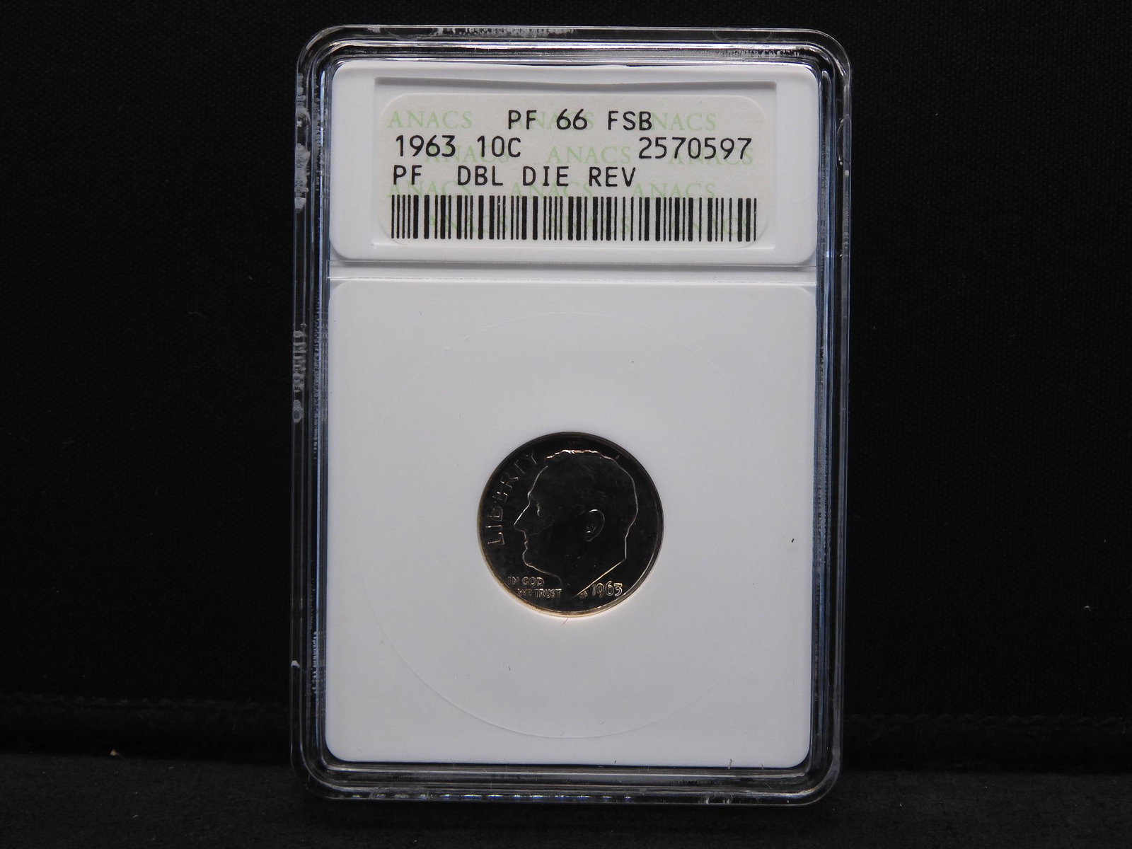 1963 ANACS PF66 FSB DBL Die Rev Roosevelt Silver Dime: 1963 ANACS PF66 FSB DBL Die Rev Roosevelt Silver Dime