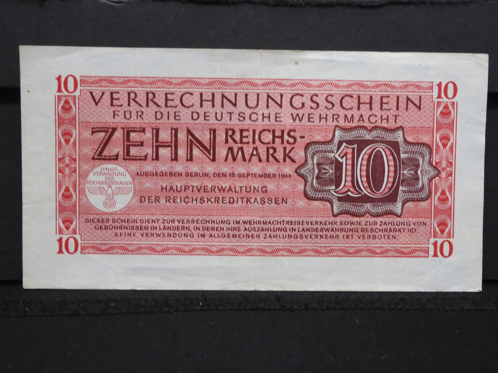 1944 Germany 10 Reichsmark Note.  VF+.  Scarce. (1 of 2)