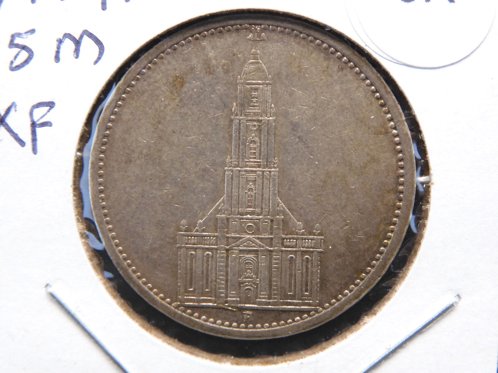 1934-A Germany 5 Mark. Has Historical Symbol. Nice XF. (1 of 3)