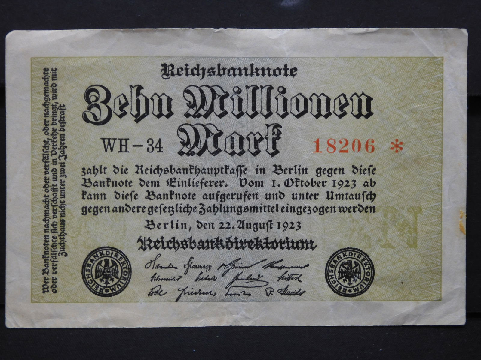 1923 GERMAN BERLIN/WEIMAR (10 MILLION MARK), RARE THIS (1 of 3)