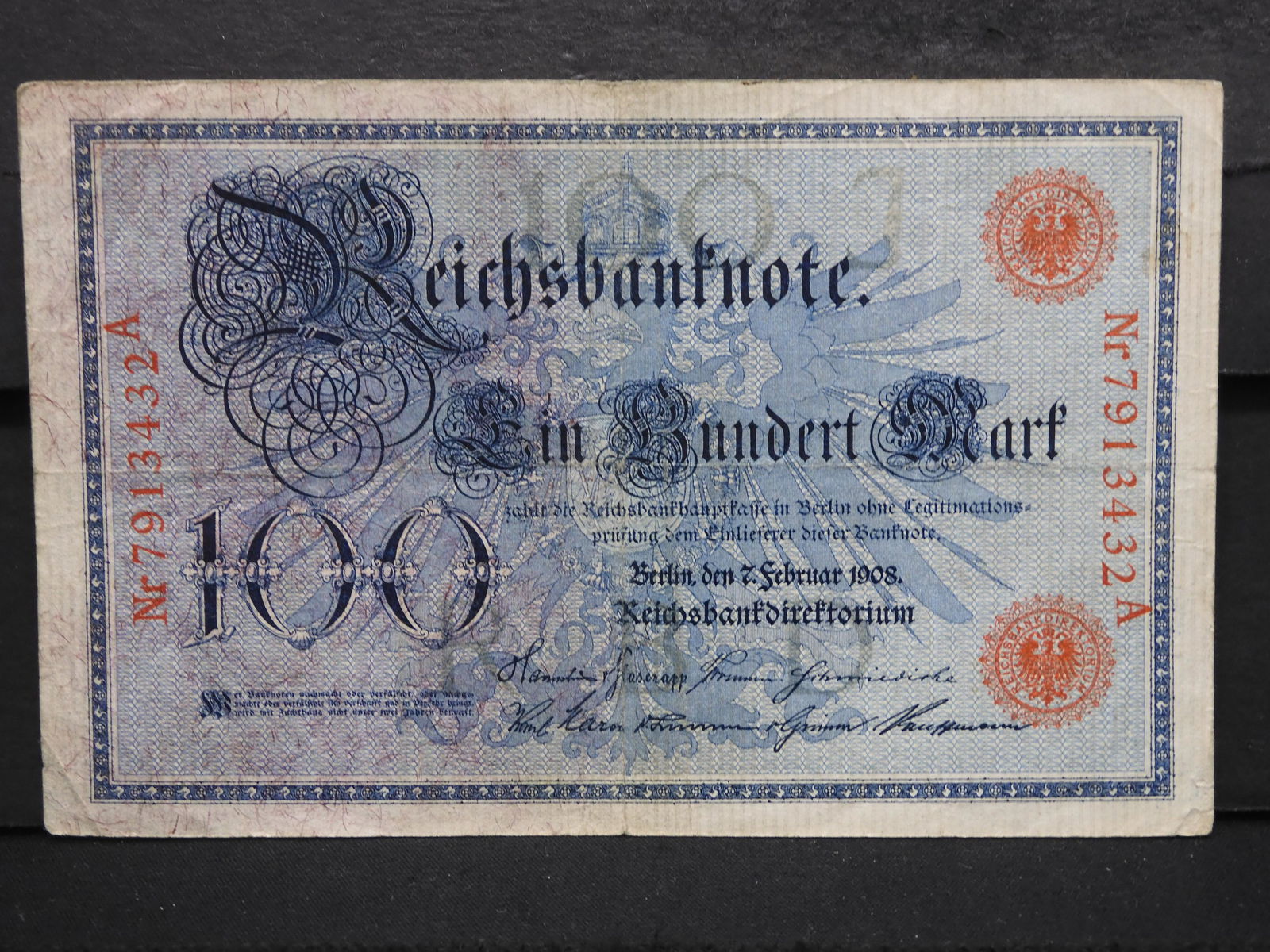 1908 "RED-RARE VARIATION" GERMAN 100 MARK, NOTE (1 of 3)