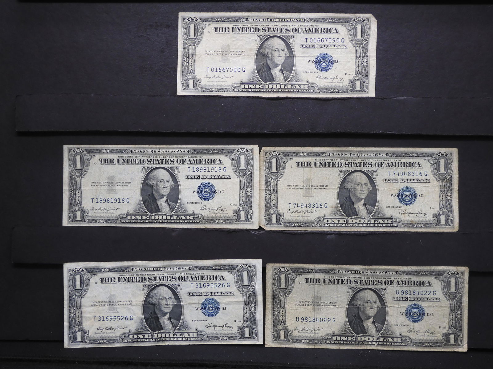 Five 1935-E One Dollar Silver Certificates (1 of 4)