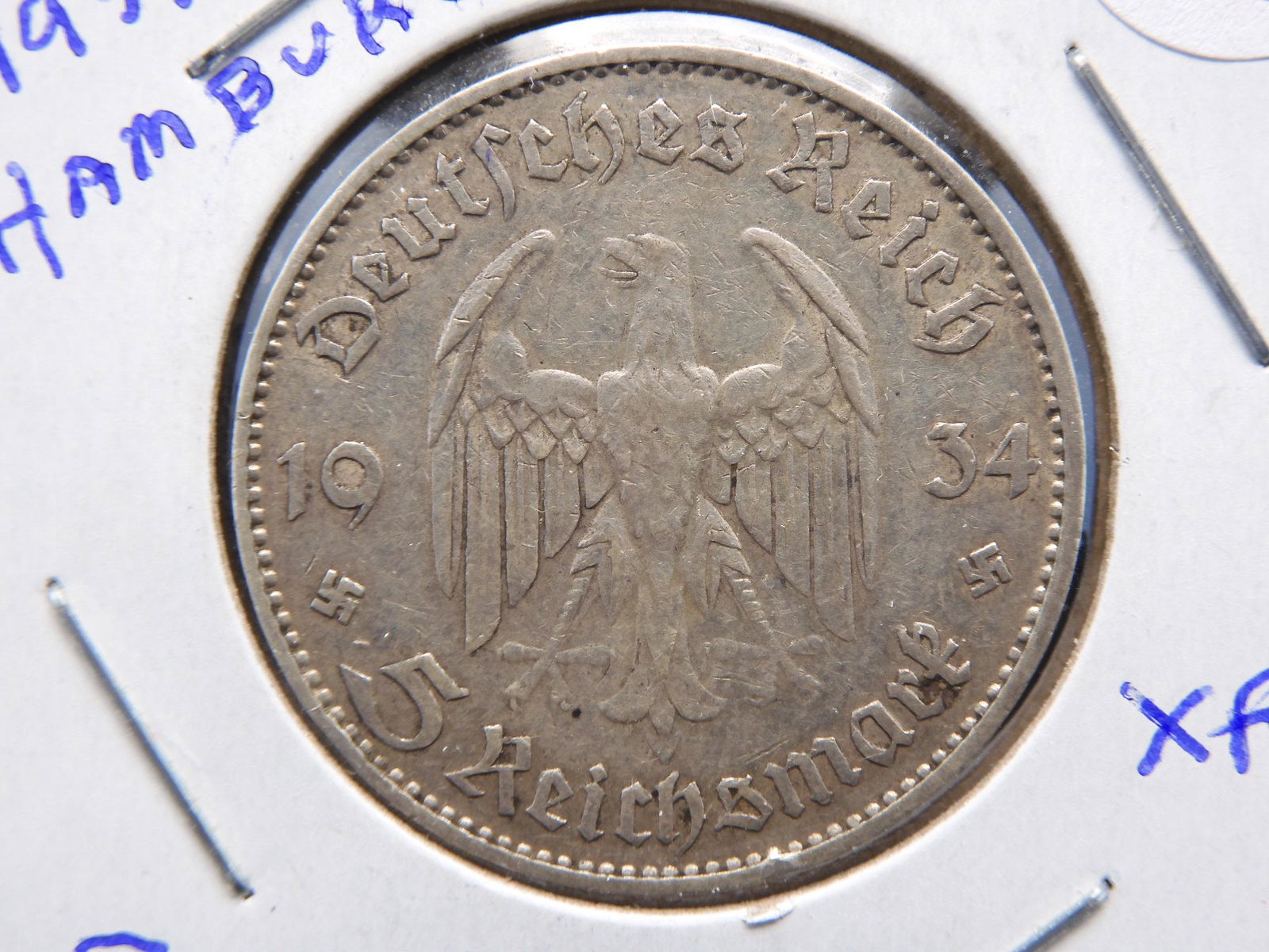 1934 J Germany 5 Marks.  Potsdam Church with historical (1 of 3)