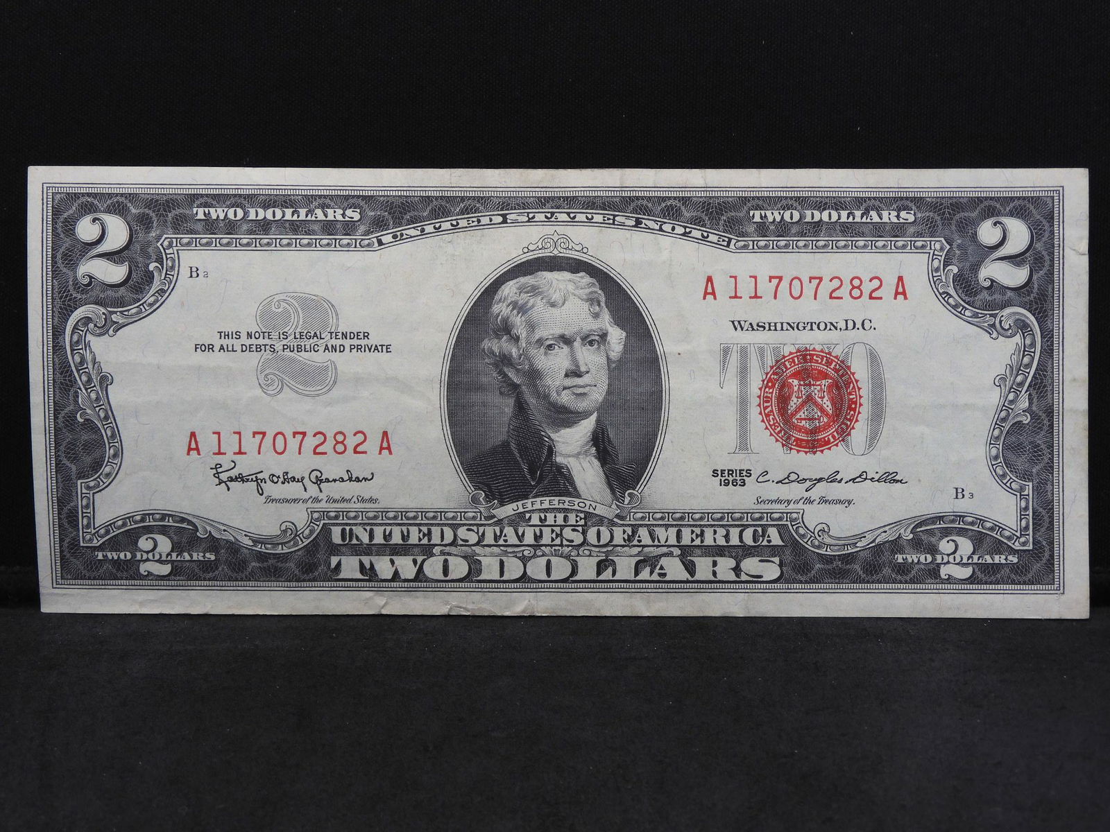 1963 Two Dollar US Note, Red Seal $2 Bill, Monticello, (1 of 3)