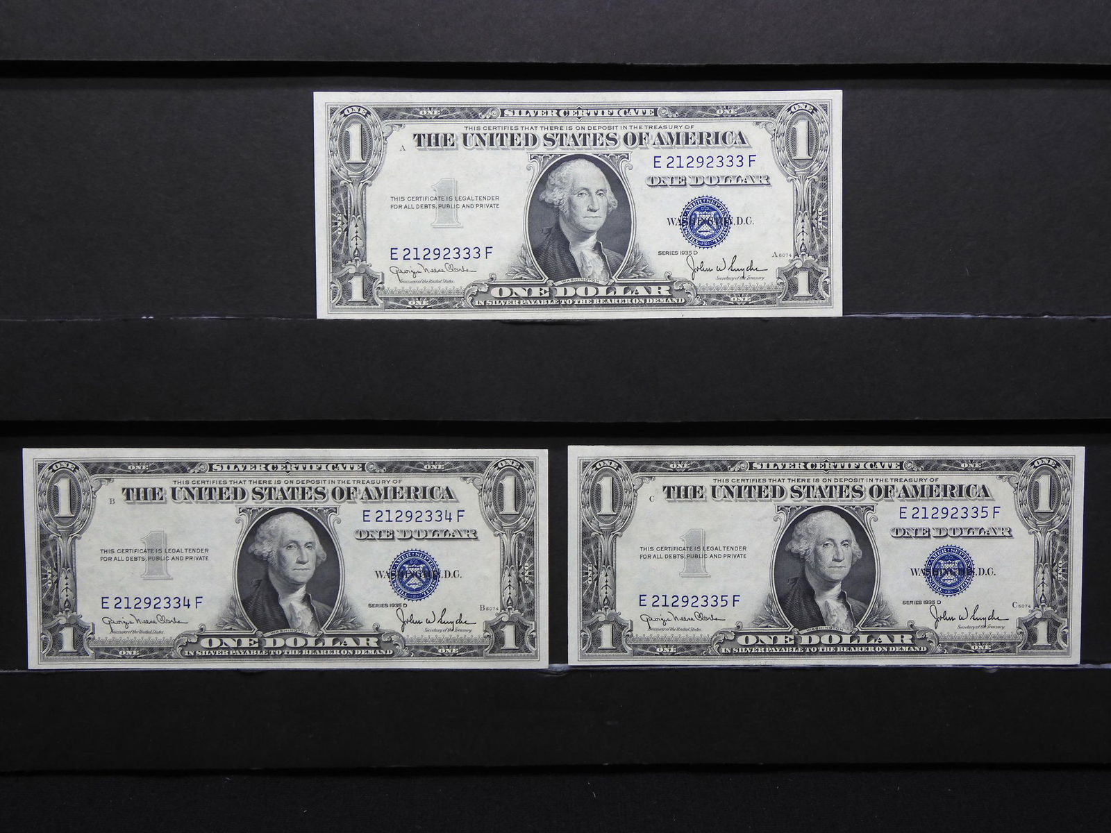 (3) 1935 D $1 Silver Certificates.  Consecutive Serial (1 of 6)