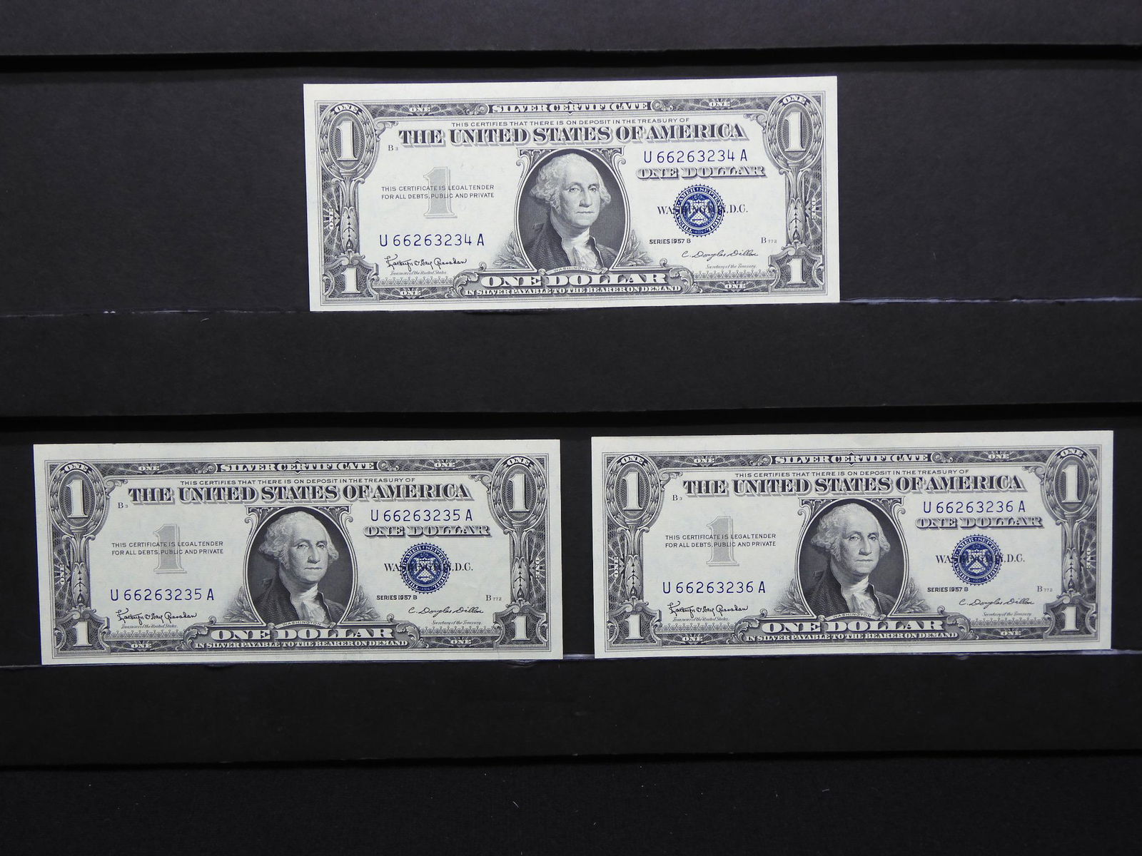 (3) 1957 B $1 Silver Certificates.  Consecutive Serial (1 of 5)