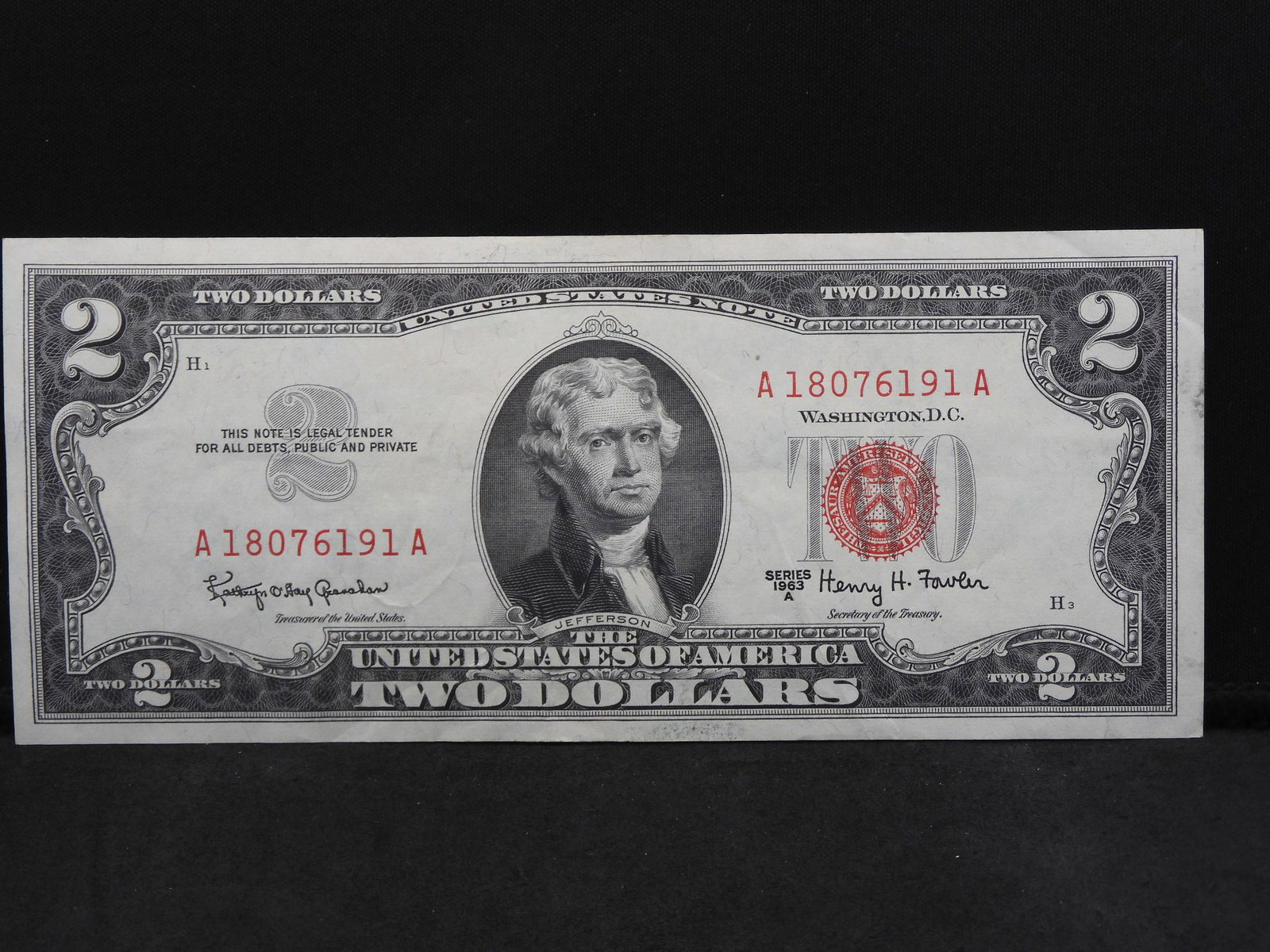 1963 Two Dollar US Note, Red Seal $2 Bill, Monticello,: 1963 Two Dollar US Note, Red Seal $2 Bill, Monticello, Nice Uncirculated!