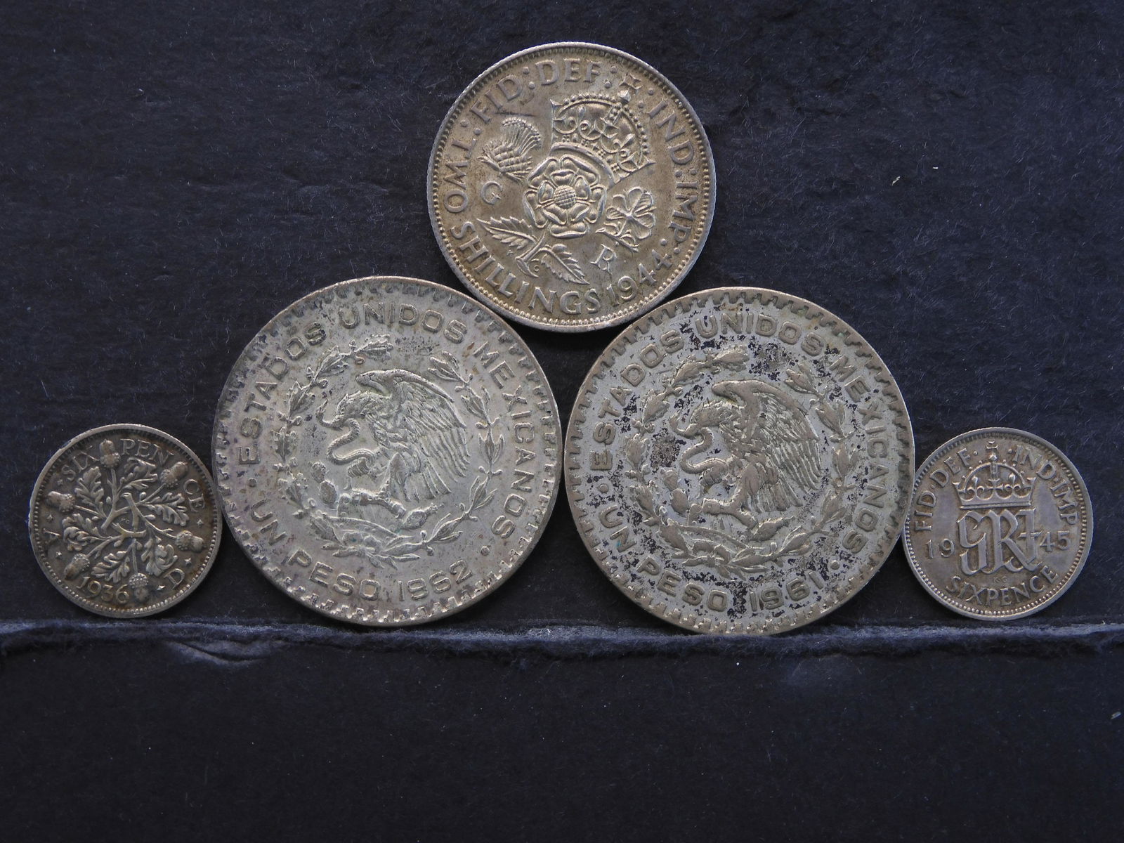 3 British .500 silver coins, and 2 .100 silver Mexican (1 of 5)