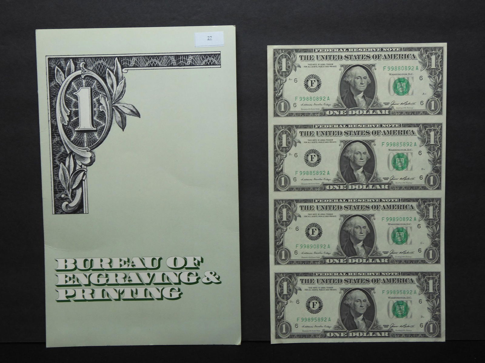 Series 1985 U.S. $1.00 Uncut Sheet of 4 Notes w/ (1 of 6)