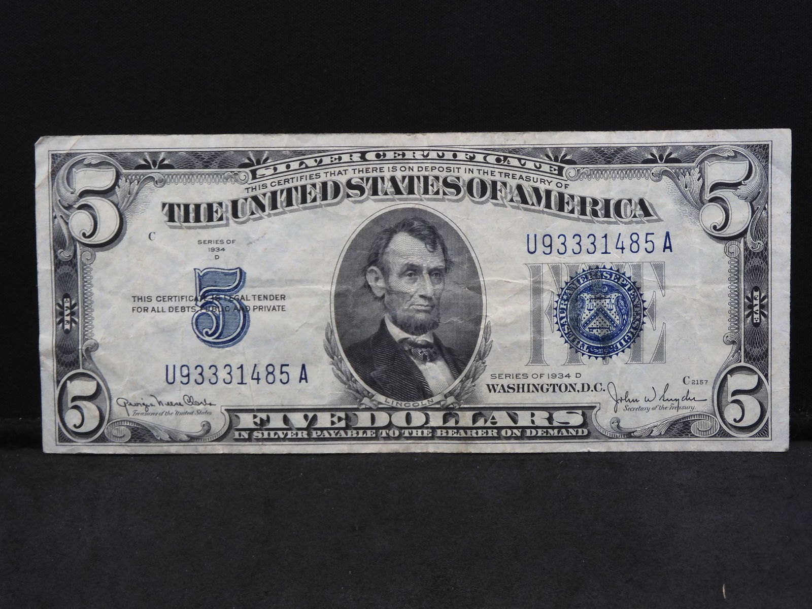 Series 1934-D U.S. $5.00 Silver Certificate Note - Nice (1 of 3)