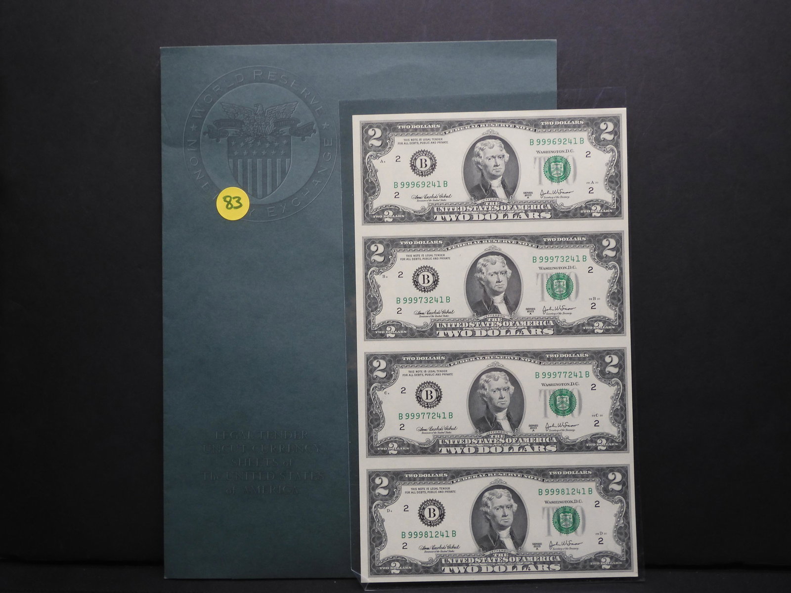 Legal Tender Uncut US Currency Sheet of 4 - 2$ Bills (1 of 6)
