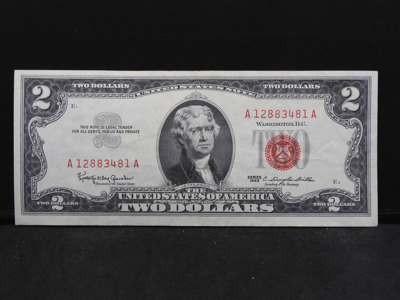 1963 Two Dollar US Note, Red Seal $2 Bill, Monticello,: 1963 Two Dollar US Note, Red Seal $2 Bill, Monticello, Nice Uncirculated!