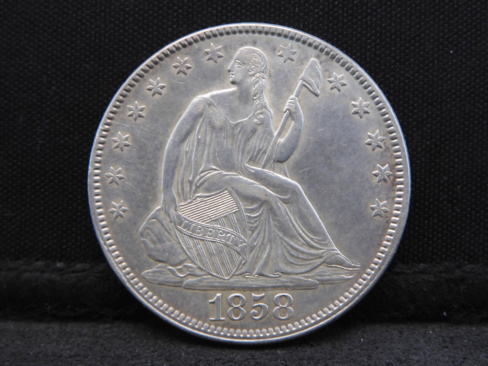 1858 w/ Drapery Seated Liberty Silver Half Dollar - (1 of 2)