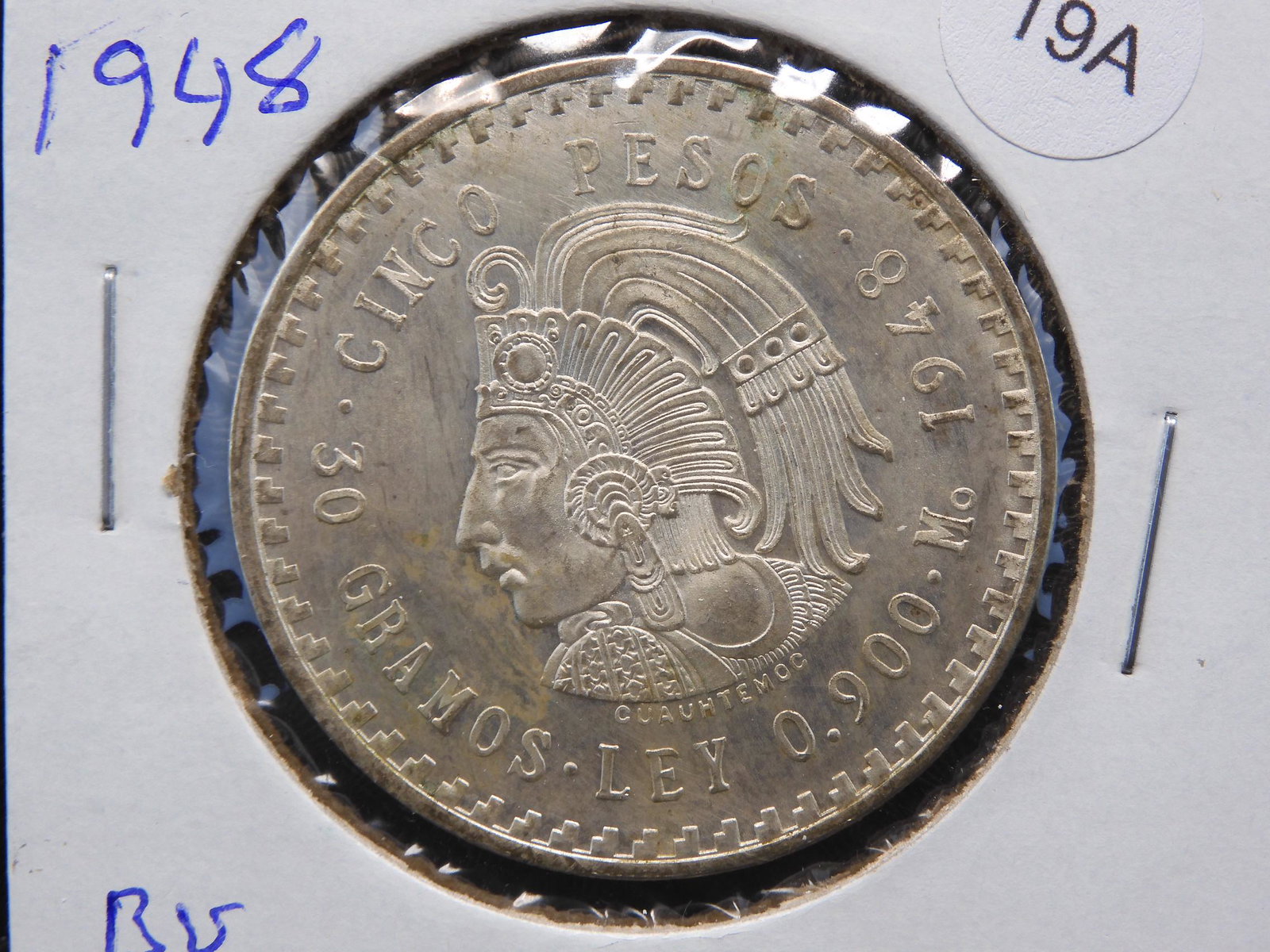 1948-Mo Mexico 5 Pesos. Mayan Warrior. GEM BU.: 1948-Mo Mexico 5 Pesos. Mayan Warrior. GEM BU.