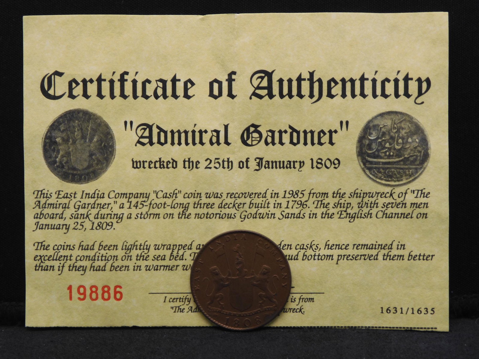 1808 East India Company "Cash" Coin Recovered From The: 1808 East India Company "Cash" Coin Recovered From The 1809 Admiral Gardner Shipwreck With Certificate Of Authenticity.