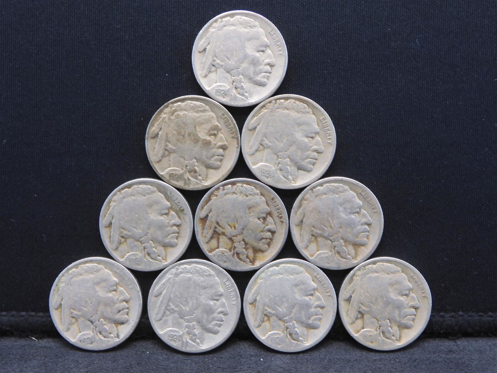 Ten 1924 Full Date Buffalo Nickels. (1 of 3)