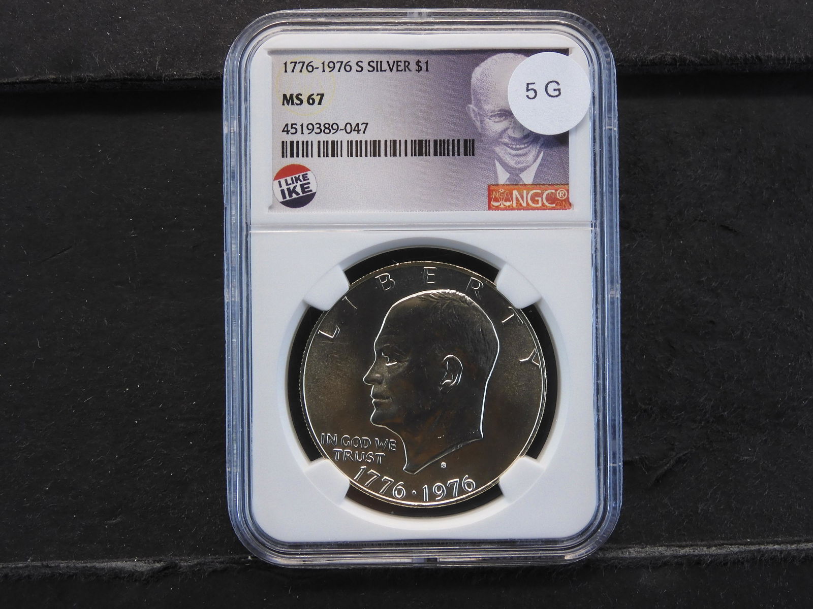 1976-S Silver Ike $1. NGC MS67. "I Like Ike' Holder: 1976-S Silver Ike $1. NGC MS67. "I Like Ike' Holder