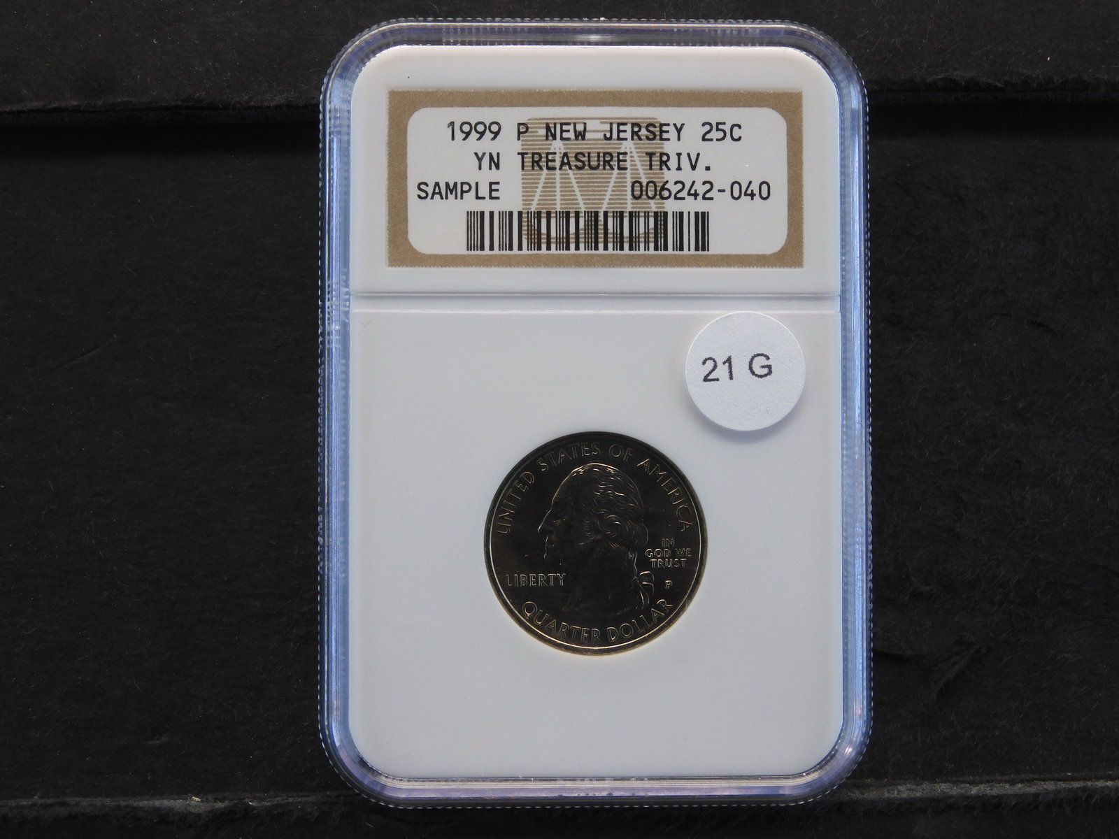 1999 New Jersey 25c. Young Numismatists Treasure: 1999 New Jersey 25c. Young Numismatists Treasure Trivia. NGC Novelty Slab