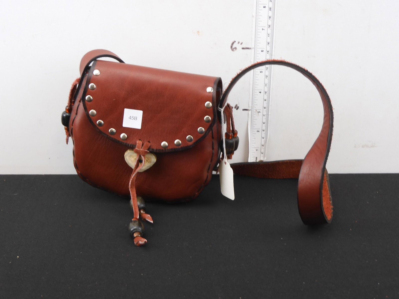 Leather Purse with Antler Button and Beads: Leather Purse with Antler Button and Beads