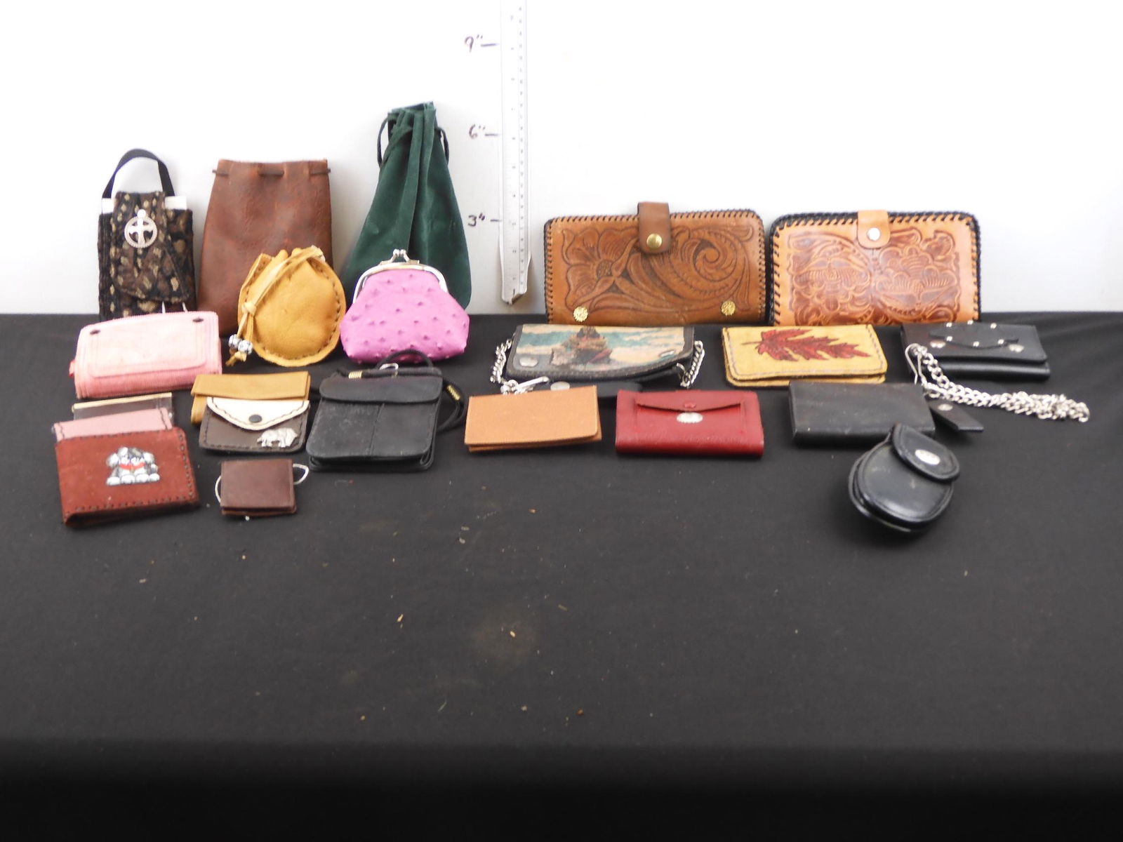 Lot of Leather Wallets; Money Clips; Pouches; Coin: Lot of Leather Wallets; Money Clips; Pouches; Coin Purses; Some Hand Tooled