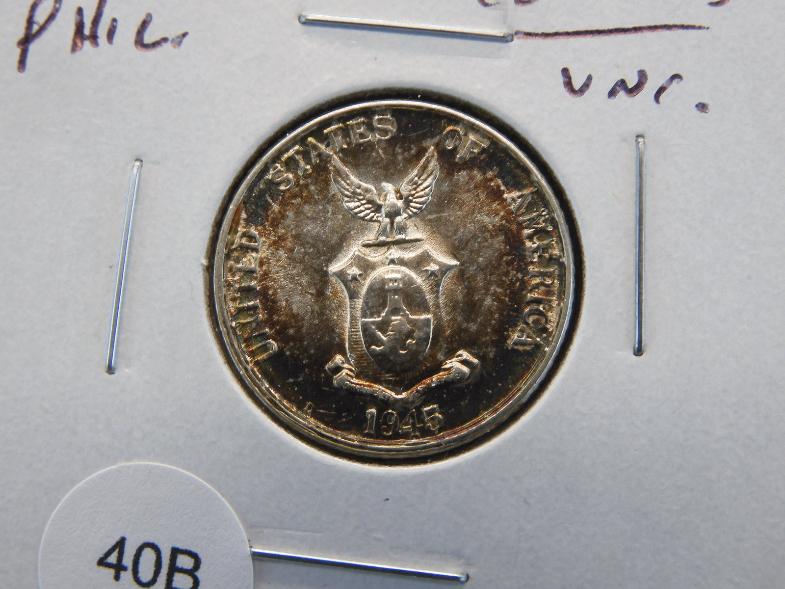 1945-D Philippines Silver 10 Centavos.  UNC. (1 of 3)