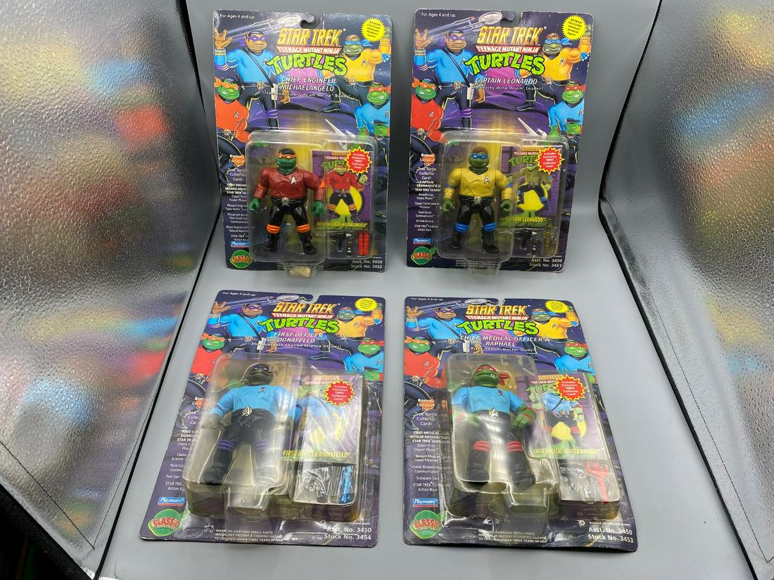 1994 TMNT Star Trek Set of 4 Turtles - NIP - Captain: 1994 TMNT Star Trek Set of 4 Turtles - NIP - Captain Leonardo, Chief Medical Officer Raphael, First Officer Donatello, Chief Engineer Michaelangelo