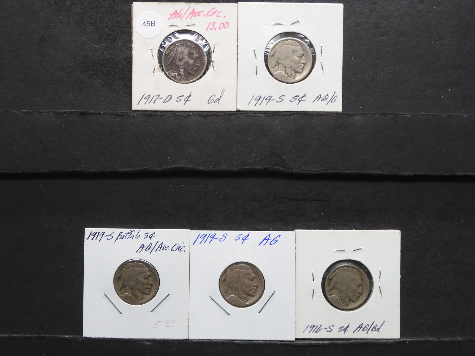 5 Buffalo nickels, 1916-S, 1917-D, 1919-S (3) (1 of 5)
