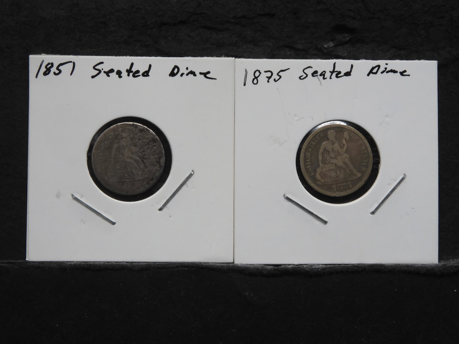 1875 and 1851 Seated Liberty silver Dimes (1 of 3)
